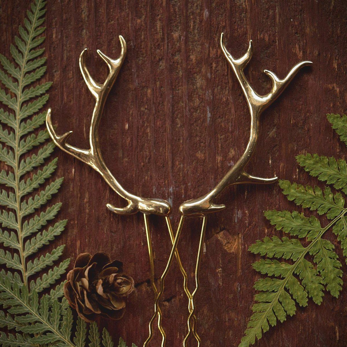 Antler Hair Pins - Gold Bronze Metal Antler Hair Sticks - Mori Forest Girl - For LARP, Cosplay, Renaissance Festival - by Woodland Belle