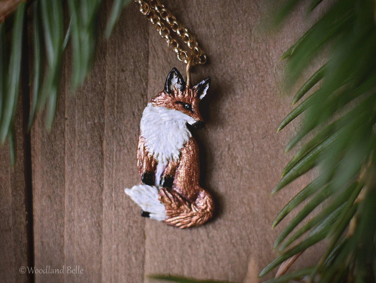 Enameled Sitting Fox Necklace Gold Bronze Red Fox Pendant Fox