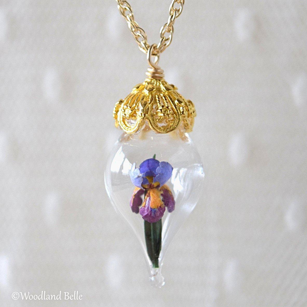 Iris Flower Necklace - Personalized Option - Glass Terrarium - Purple Iris Pendant - Silver, Gold, or Rose Gold - by Woodland Belle