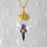 Load image into Gallery viewer, Iris Flower Necklace - Personalized Option - Glass Terrarium - Purple Iris Pendant - Silver, Gold, or Rose Gold - by Woodland Belle
