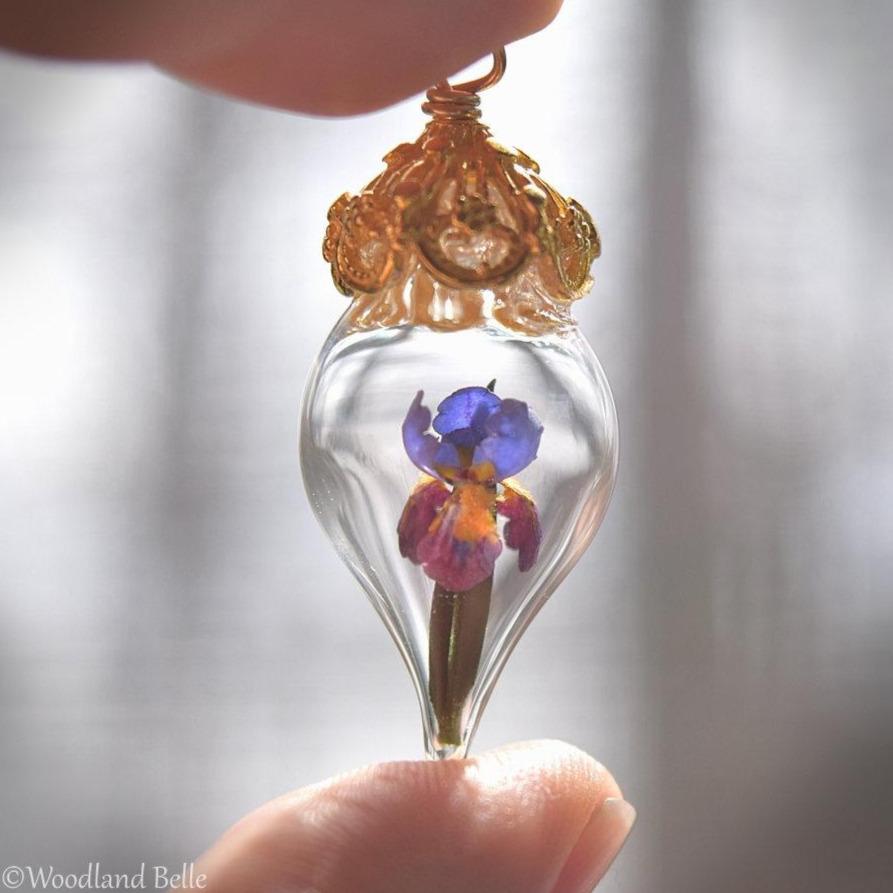 Iris Flower Necklace - Personalized Option - Glass Terrarium - Purple Iris Pendant - Silver, Gold, or Rose Gold - by Woodland Belle