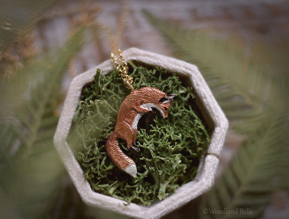 Leaping Red Fox Necklace - Enameled Bronze Jumping Fox