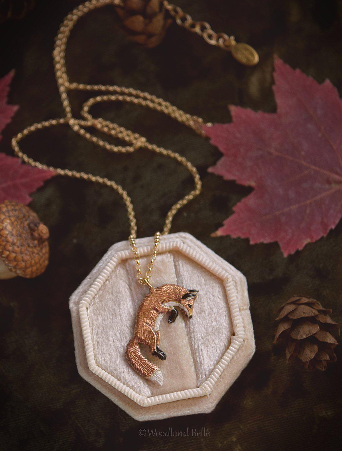 Leaping Red Fox Necklace - Enameled Bronze Jumping Fox Pendant - Small Animal Charm Jewelry- Fox Lover Gift, Cottagecore - by Woodland Belle
