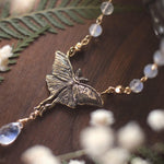 Load image into Gallery viewer, Luna Moth Necklace, Gold Bronze &amp; Rainbow Moonstone Gemstone Beads - Small Luna Moth Pendant - Moth Lover Jewelry Gift by Woodland Belle
