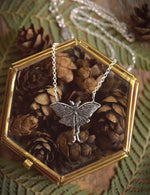 Load image into Gallery viewer, Luna Moth Necklace - Sterling Silver Moon Moth Pendant, Recycled - Small, Dainty Luna Moth Charm - Moth Lover Jewelry Gift by Woodland Belle
