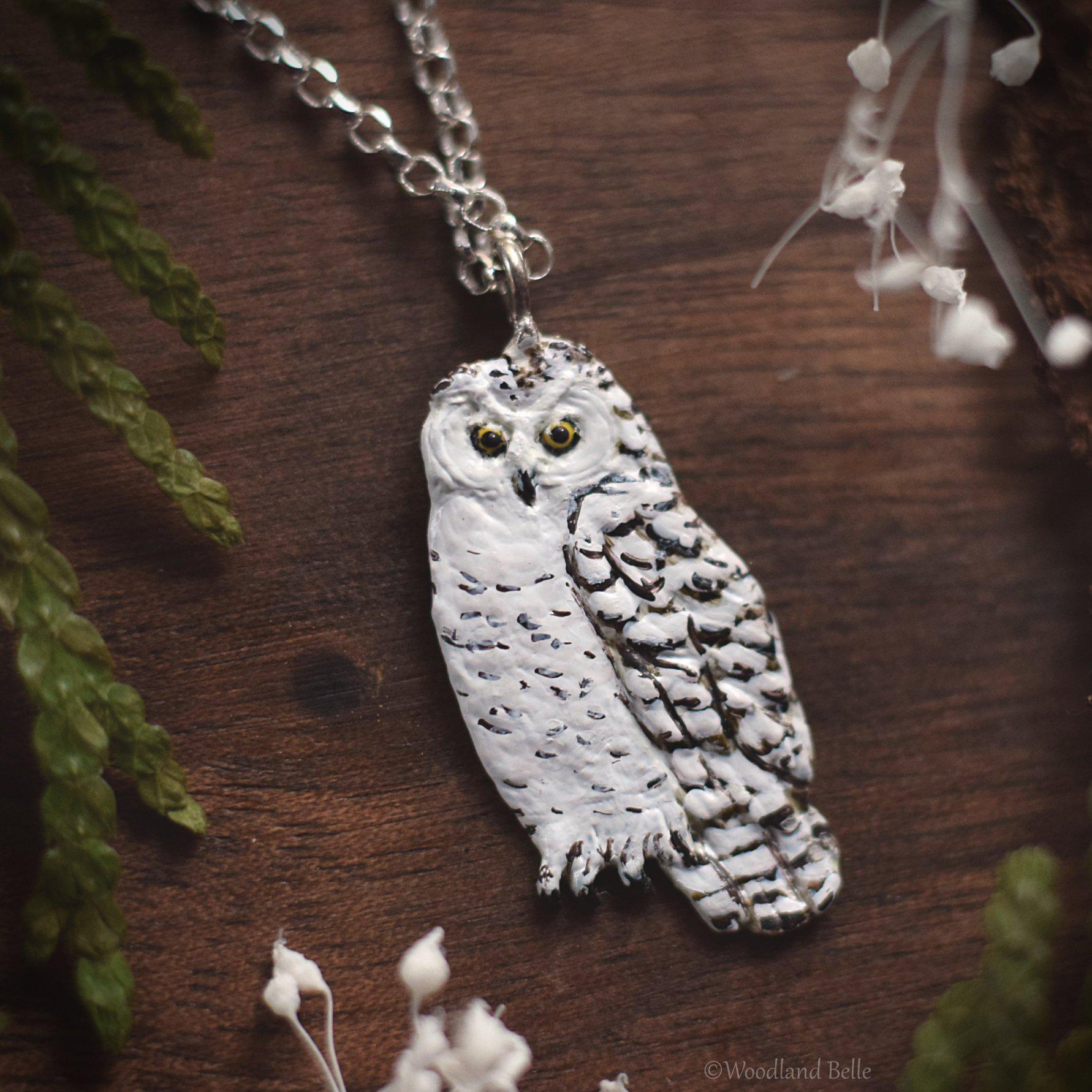 Owl Necklace Enameled Snowy Owl Pendant Sterling Silver White