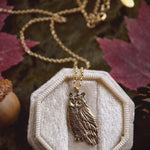 Load image into Gallery viewer, Owl Necklace - Gold Bronze Great Horned Owl Pendant - Small, Dainty Bird Necklace - Owl Lover Gift - Cottagecore, Mori Girl - Woodland Belle
