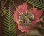 Load image into Gallery viewer, Phoenix Necklace - Gold Bronze Phoenix Rising Pendant - Firebird Necklace - Phoenix Bird Jewelry Gift - by Woodland Belle
