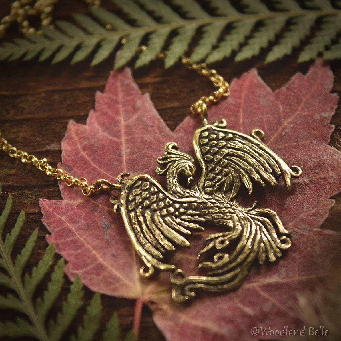 Phoenix Necklace - Gold Bronze Phoenix Rising Pendant - Firebird Necklace - Phoenix Bird Jewelry Gift - by Woodland Belle