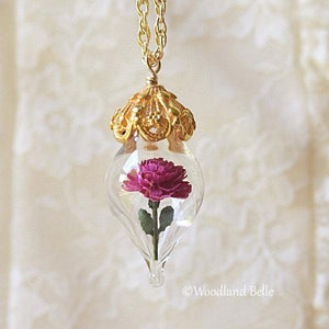 Pink Peony Necklace - Gold Glass Flower Pendant - Personalized Gift / Wife, Anniversary - Gold/Sterling Silver/Rose Gold -By Woodland Belle