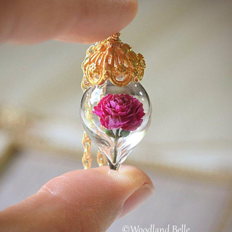 Pink Peony Necklace - Gold Glass Flower Pendant - Personalized Gift / Wife, Anniversary - Gold/Sterling Silver/Rose Gold -By Woodland Belle