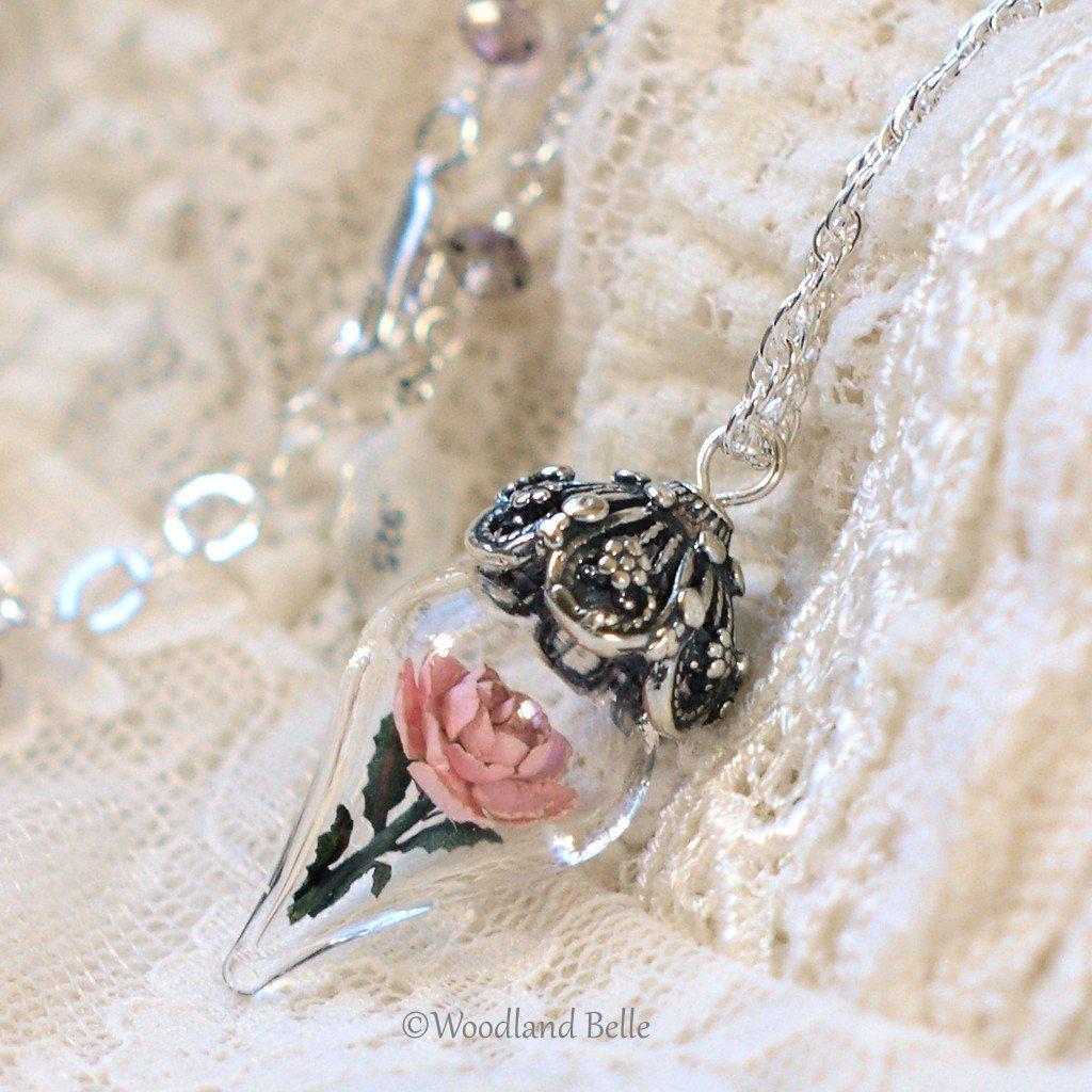 Pink Rose Necklace - Sterling Silver Glass Flower Pendant - Personalized Gift - Mother, Grandmother Gift - by Woodland Belle