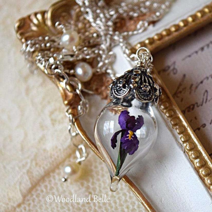 Purple Iris Flower Necklace - Glass Terrarium Pendant - Personalized Gift - Sterling Silver, Gold, or Rose Gold - by Woodland Belle