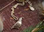 Load image into Gallery viewer, Quail Necklace - Bronze California Quail Bird Pendant - 14kt Gold Fill Chain - Mori Girl Necklace, Gift for Her by Woodland Belle
