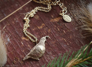 Quail Necklace - Bronze California Quail Bird Pendant - 14kt Gold Fill Chain - Mori Girl Necklace, Gift for Her by Woodland Belle