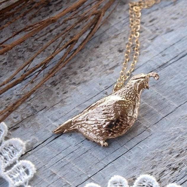 Quail Necklace - Bronze California Quail Bird Pendant - 14kt Gold Fill Chain - Mori Girl Necklace, Gift for Her by Woodland Belle