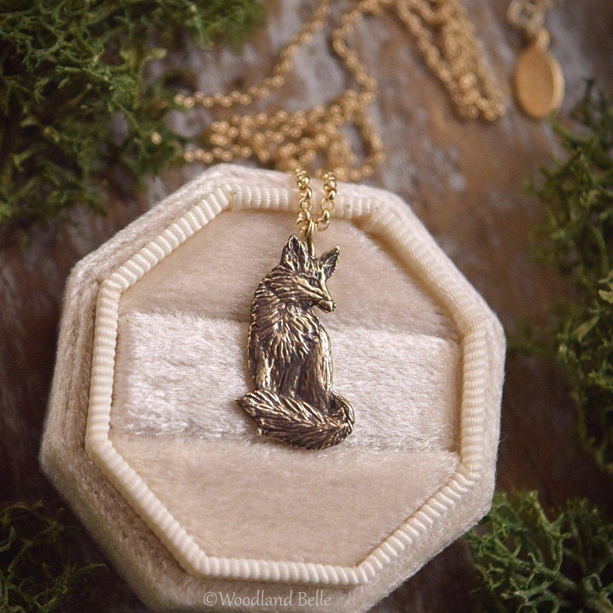 Sitting Fox Necklace - Gold Bronze Red Fox Pendant - Fox Lover Gift - Small, Dainty Animal Charm Necklace - Cottagecore - by Woodland Belle