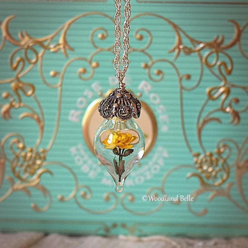 Yellow Rose Necklace - Glass Flower Pendant - Sterling Silver, Gold, or Rose Gold - Personalized Mother, Grandmother Gift -by Woodland Belle