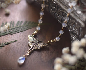 Bronze Luna Moth Rainbow Moonstone Necklace by Woodland Belle