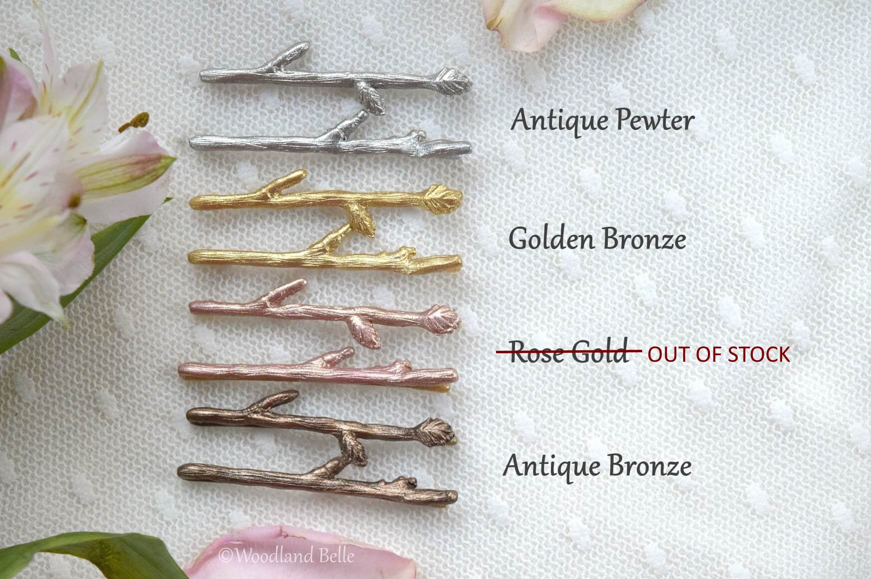 Twig Hair Pins Custom Personalized Set of 3 - Branch Bobby Pins - Mix & Match Silver, Gold, or Bronze- by Woodland Belle