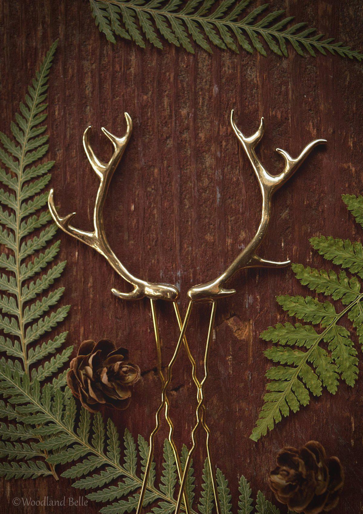 Antler Hair Pins - Gold Bronze Metal Antler Hair Sticks - Mori Forest Girl - For LARP, Cosplay, Renaissance Festival - by Woodland Belle