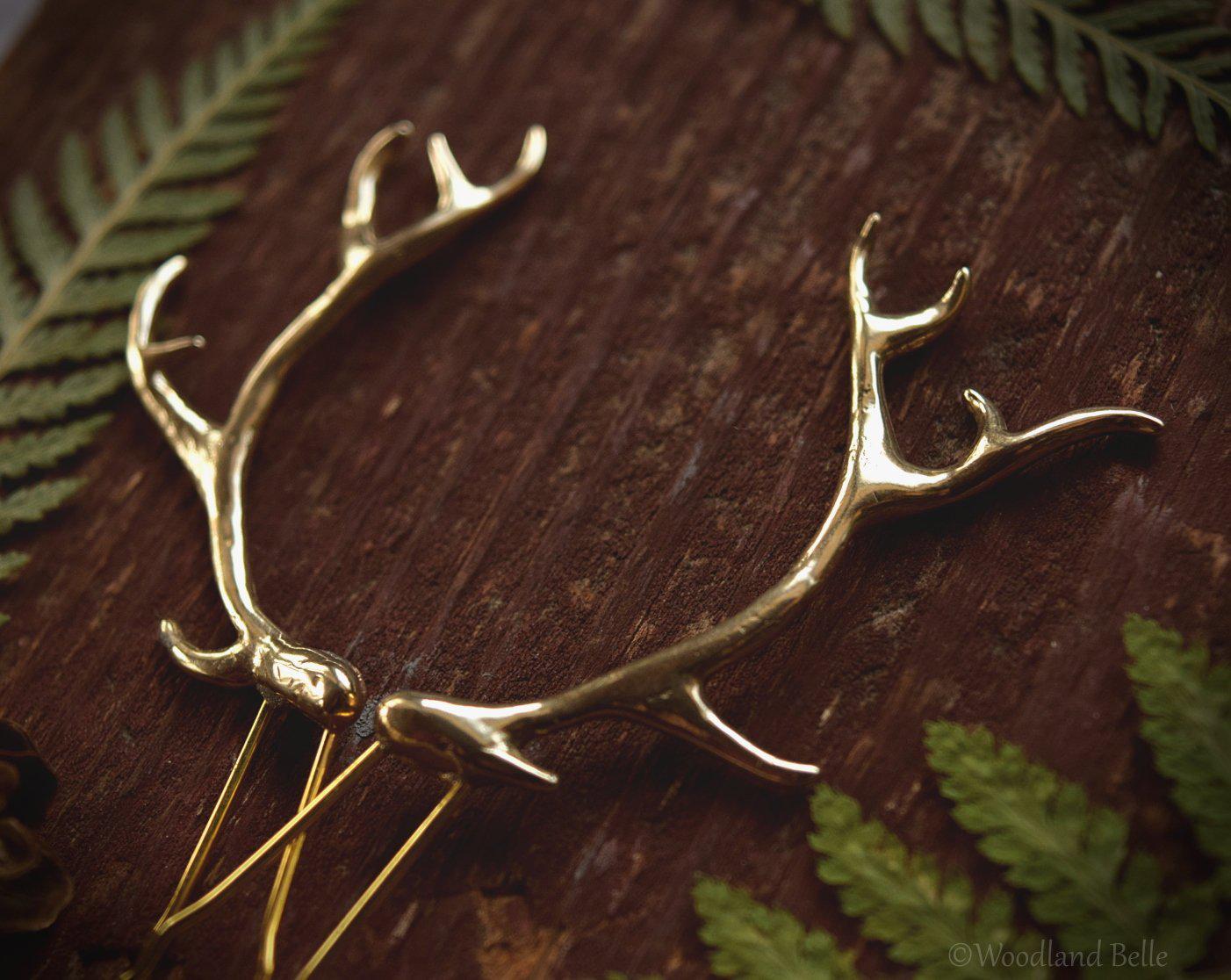 Antler Hair Pins - Gold Bronze Metal Antler Hair Sticks - Mori Forest Girl - For LARP, Cosplay, Renaissance Festival - by Woodland Belle