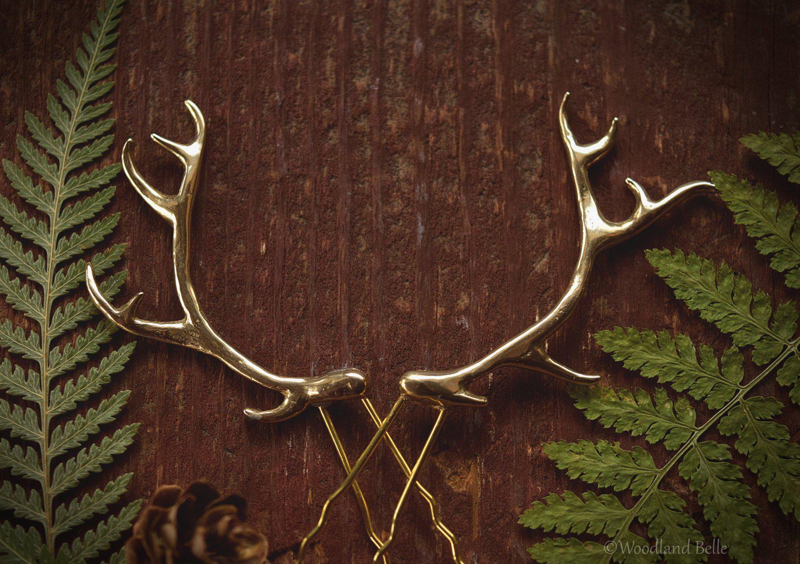 Antler Hair Pins - Gold Bronze Metal Antler Hair Sticks - Mori Forest Girl - For LARP, Cosplay, Renaissance Festival - by Woodland Belle