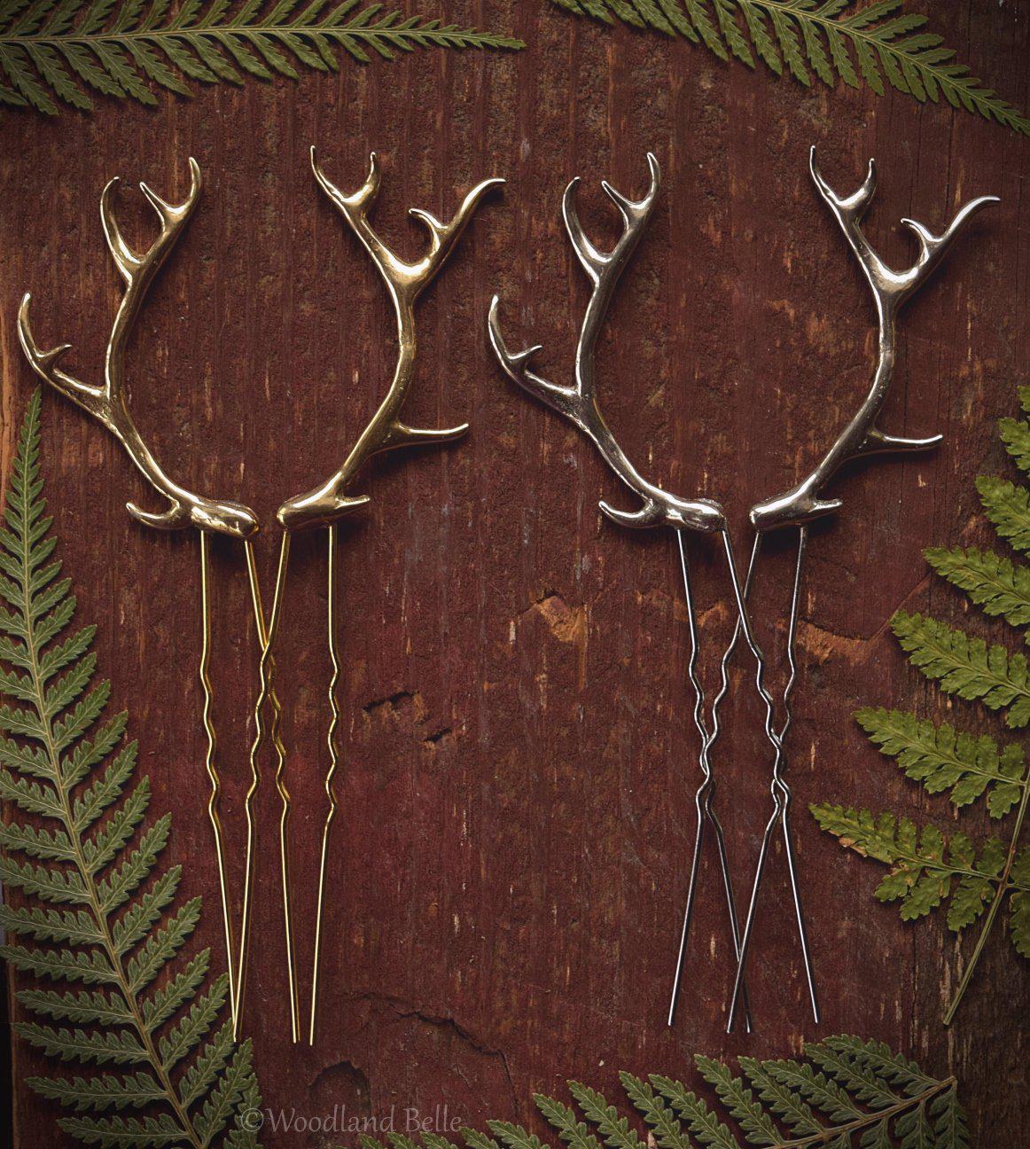 Antler Hair Pins - Gold Bronze Metal Antler Hair Sticks - Mori Forest Girl - For LARP, Cosplay, Renaissance Festival - by Woodland Belle