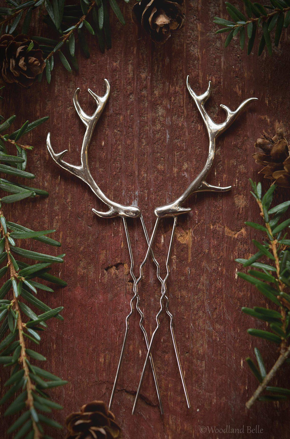 Antler Hair Pins - Silver Bronze Metal Antler Hair Sticks - Mori Forest Girl - For LARP, Cosplay, Renaissance Festival - by Woodland Belle