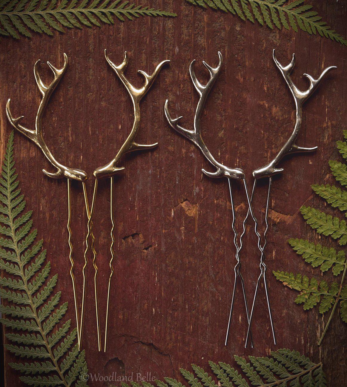 Antler Hair Pins - Silver Bronze Metal Antler Hair Sticks - Mori Forest Girl - For LARP, Cosplay, Renaissance Festival - by Woodland Belle