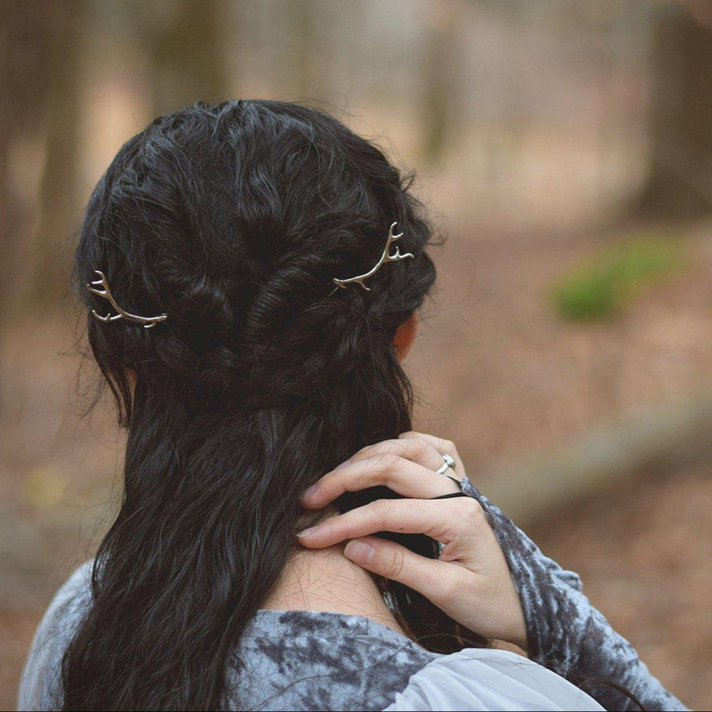 Antler Hair Pins - Silver Bronze Metal Antler Hair Sticks - Mori Forest Girl - For LARP, Cosplay, Renaissance Festival - by Woodland Belle