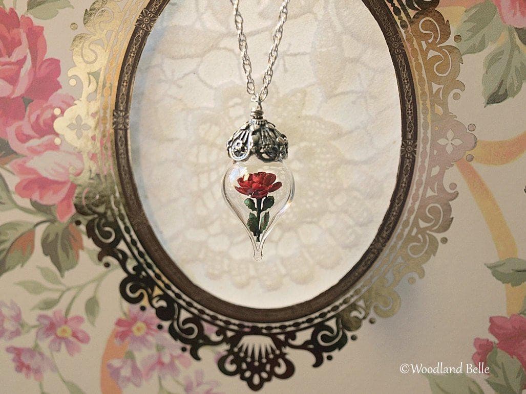 Beauty & the Beast Rose Necklace - Sterling Silver Red Rose, Glass Flower Pendant - Personalized Intials/Date- Wife Wedding Anniversary Gift