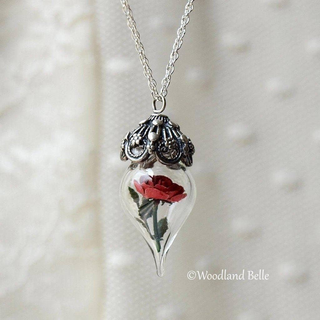 Beauty & the Beast Rose Necklace - Sterling Silver Red Rose, Glass Flower Pendant - Personalized Intials/Date- Wife Wedding Anniversary Gift