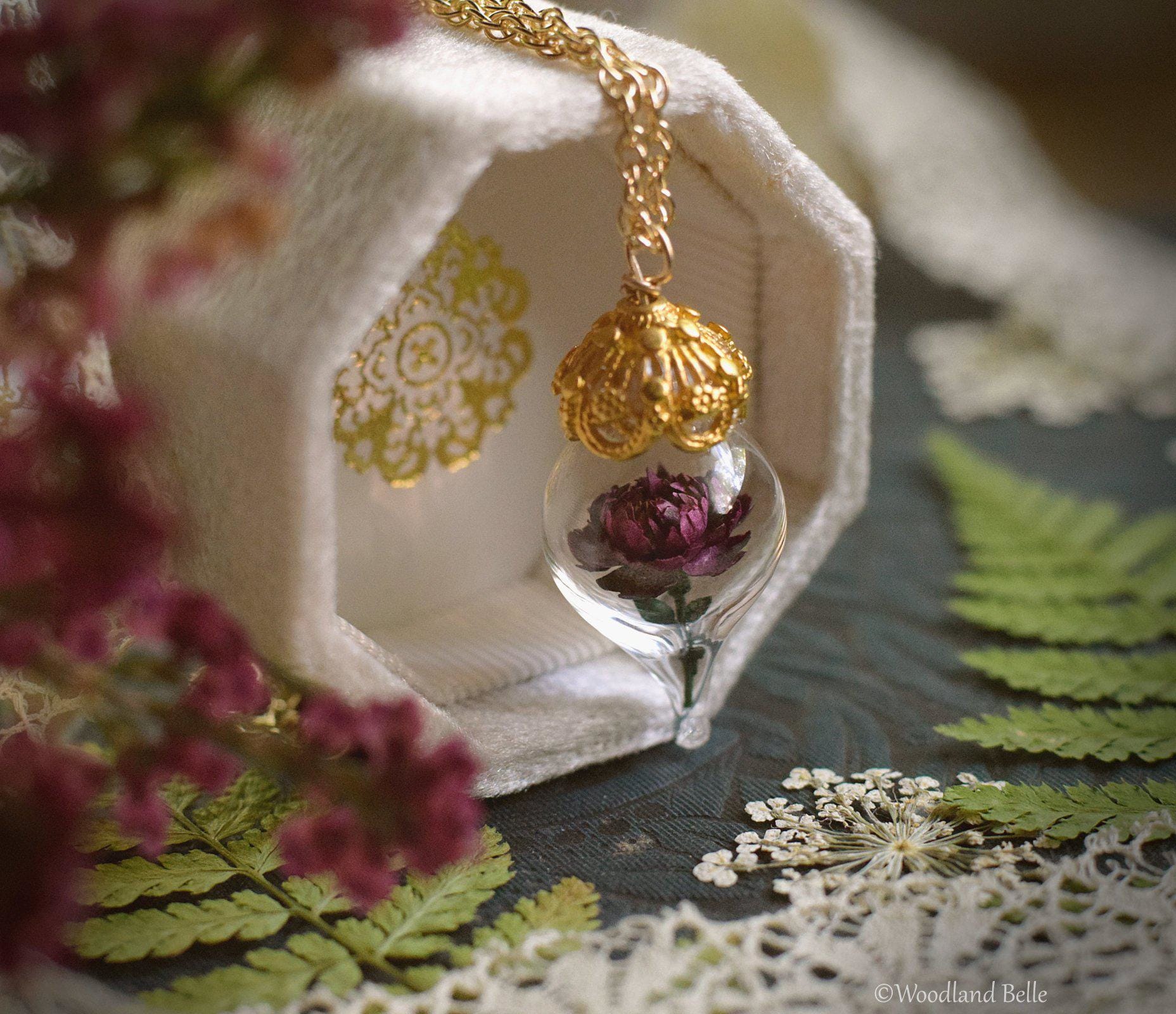 Burgundy Peony Necklace - Gold Glass Flower Pendant -Personalized Gift- Wife, Anniversary- Gold/Sterling Silver/Rose Gold -By Woodland Belle