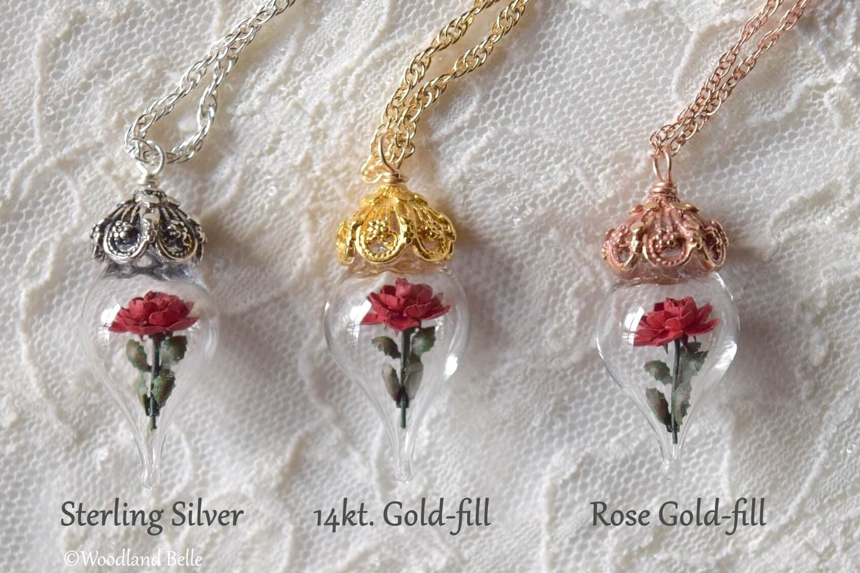 Burgundy Peony Necklace - Gold Glass Flower Pendant -Personalized Gift- Wife, Anniversary- Gold/Sterling Silver/Rose Gold -By Woodland Belle