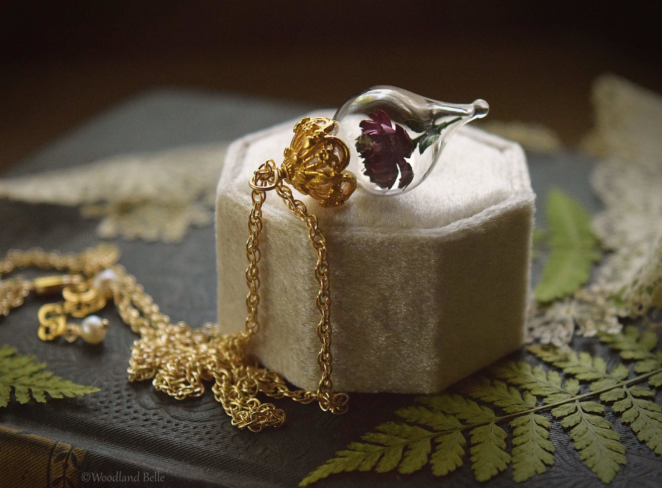 Burgundy Peony Necklace - Gold Glass Flower Pendant -Personalized Gift- Wife, Anniversary- Gold/Sterling Silver/Rose Gold -By Woodland Belle
