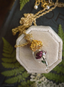 Burgundy Peony Necklace - Gold Glass Flower Pendant -Personalized Gift- Wife, Anniversary- Gold/Sterling Silver/Rose Gold -By Woodland Belle