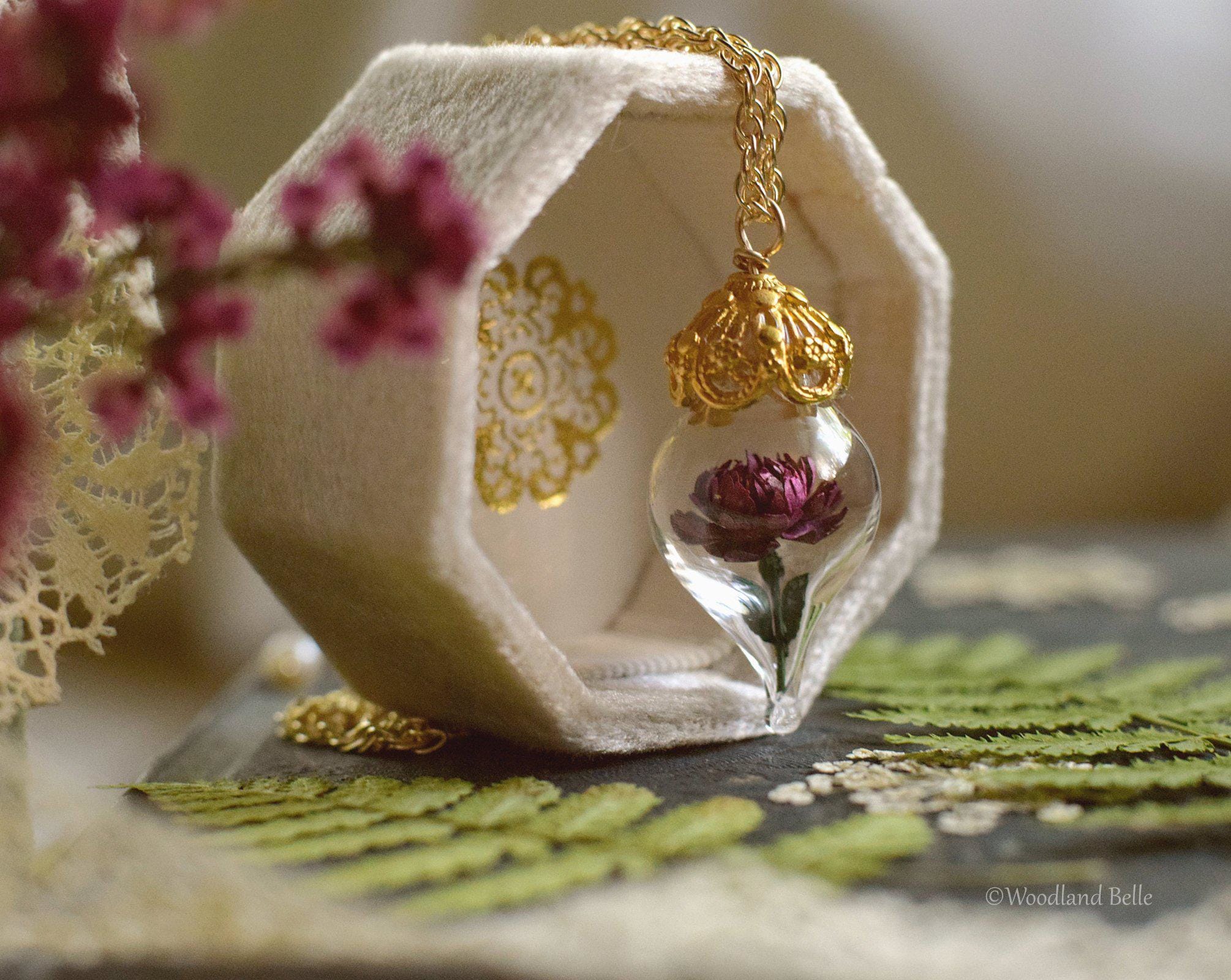 Burgundy Peony Necklace - Gold Glass Flower Pendant -Personalized Gift- Wife, Anniversary- Gold/Sterling Silver/Rose Gold -By Woodland Belle
