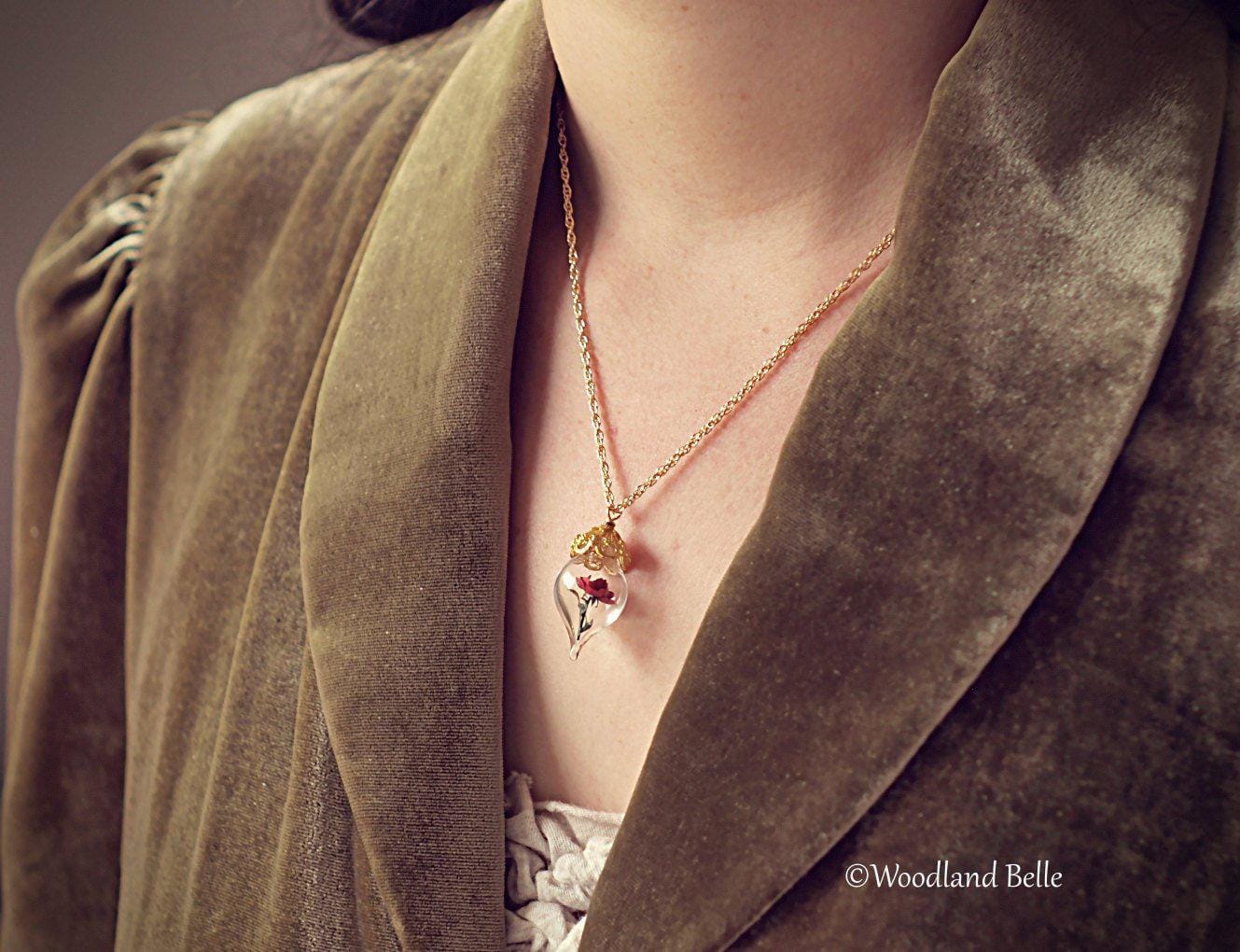 Burgundy Peony Necklace - Gold Glass Flower Pendant -Personalized Gift- Wife, Anniversary- Gold/Sterling Silver/Rose Gold -By Woodland Belle
