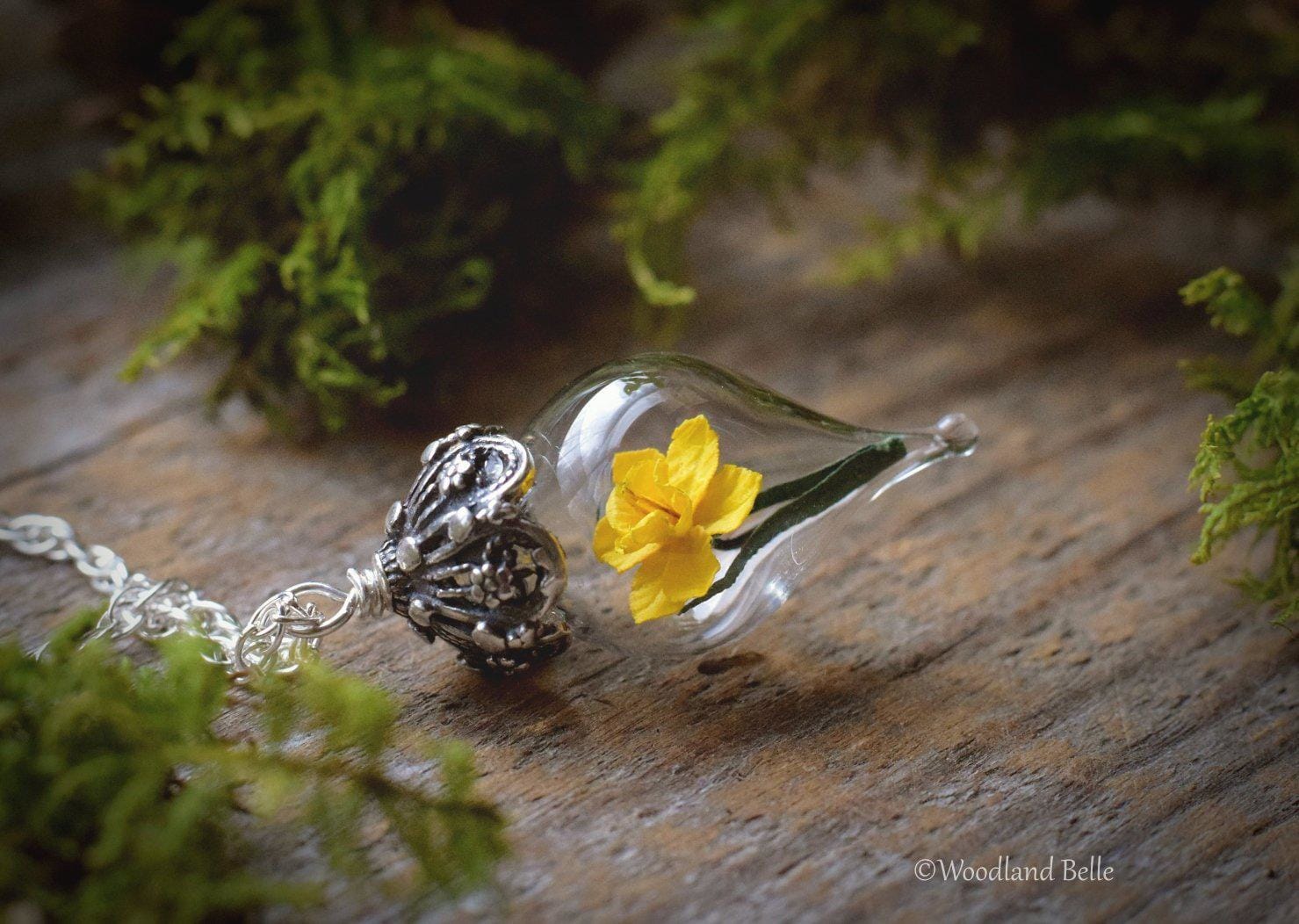 Daffodil Necklace - Yellow Daffodil Flower Glass Pendant - Sterling Silver, Gold, or Rose Gold - Personalized Gift - by Woodland Belle