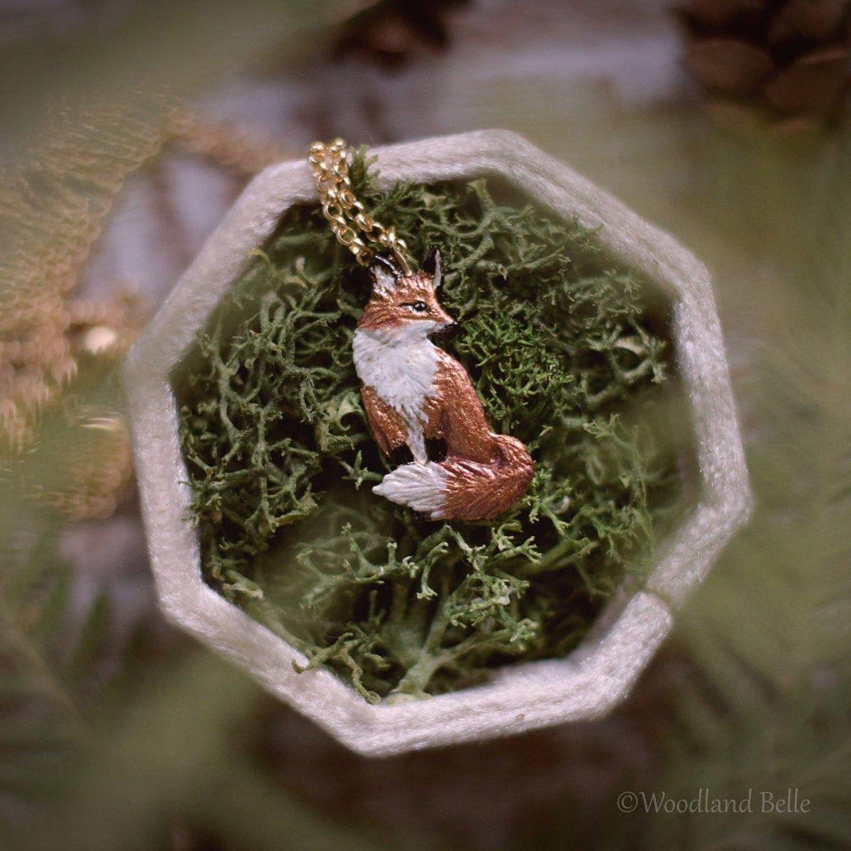 Enameled Sitting Fox Necklace - Gold Bronze Red Fox Pendant - Fox Lover Gift - Mori Girl, Cottagecore Animal Necklace - by Woodland Belle