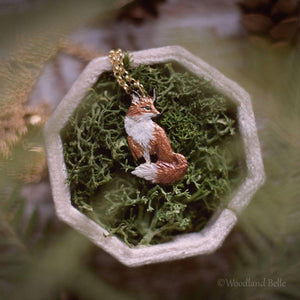 Enameled Sitting Fox Necklace - Gold Bronze Red Fox Pendant - Fox Lover Gift - Mori Girl, Cottagecore Animal Necklace - by Woodland Belle