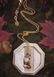 Enameled Sitting Fox Necklace Gold Bronze Red Fox Pendant Fox