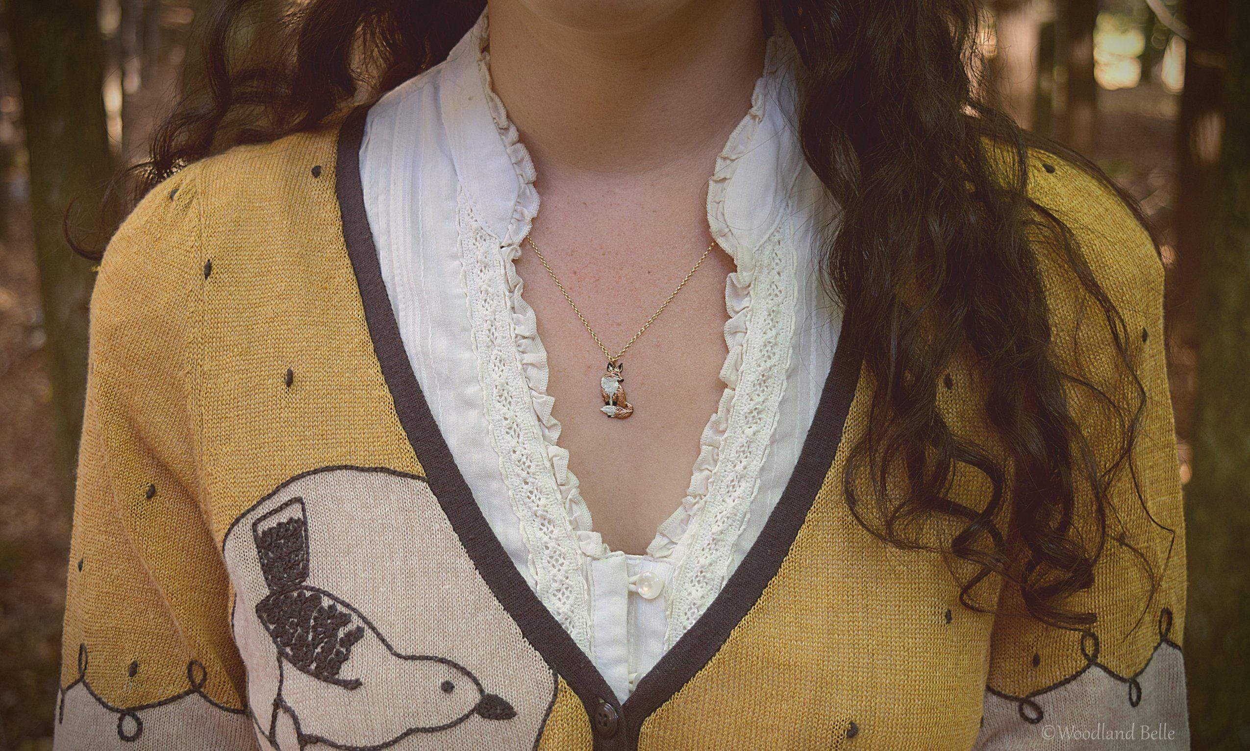 Enameled Sitting Fox Necklace - Gold Bronze Red Fox Pendant - Fox Lover Gift - Mori Girl, Cottagecore Animal Necklace - by Woodland Belle