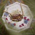 Load image into Gallery viewer, Enameled Sleeping Fawn Necklace - Bronze Fawn Deer Pendant - 14 kt. Gold-fill Chain - Mori Forest Girl Necklace - by Woodland Belle

