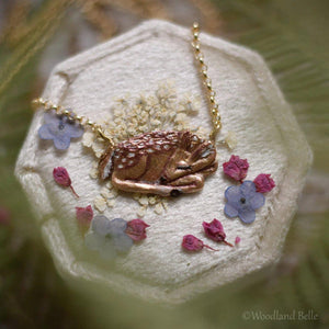 Enameled Sleeping Fawn Necklace - Bronze Fawn Deer Pendant - 14 kt. Gold-fill Chain - Mori Forest Girl Necklace - by Woodland Belle