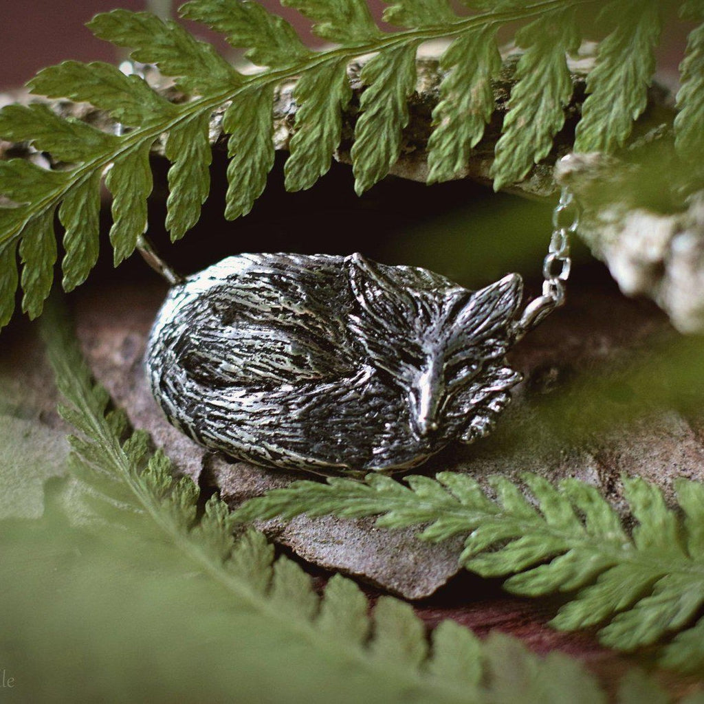 Fox Necklace - Sterling Silver Sleeping Fox Pendant, Recycled - Small Charm Animal Necklace - Fox Lover Jewelry Gift - by Woodland Belle
