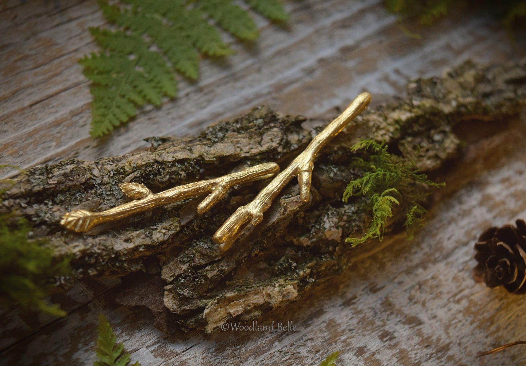 Gold Branch Bobby Pins - Tiny Twig Hair Pins in Golden Bronze - Twig Hair Clips - Mori Girl Style - by Woodland Belle.