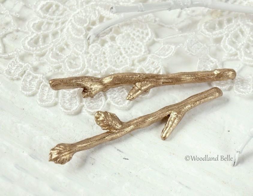 Gold Branch Bobby Pins - Tiny Twig Hair Pins in Golden Bronze - Twig Hair Clips - Mori Girl Style - by Woodland Belle.