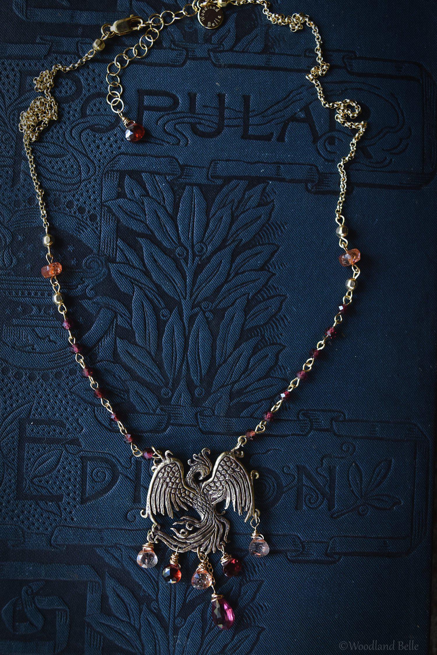 Gold Bronze Phoenix Necklace with Gemstones - Phoenix Rising Pendant - Firebird Necklace - Phoenix Bird Jewelry - Garnet & Sunstone